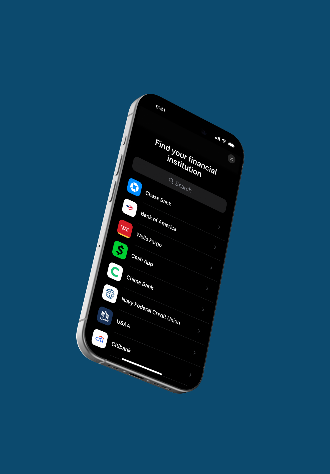 Find your financial institution on blue